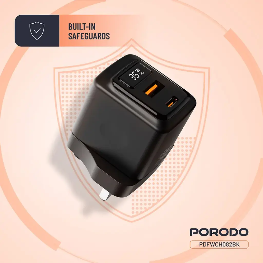 Porodo GaN 35W Dual Port Wall Charger with Power Display - Black (6).webp