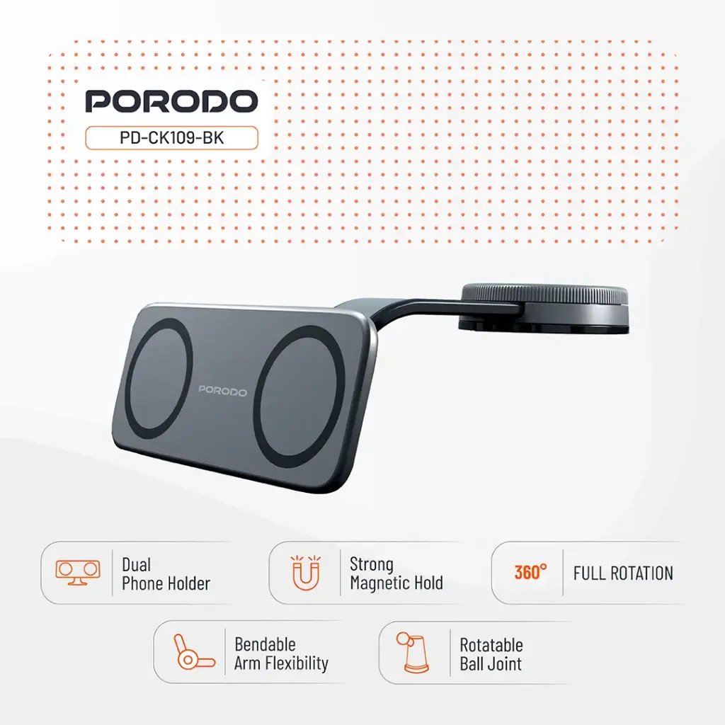 Porodo Vacuum & Adhesive Magnetic Car Mount - Black (4).webp