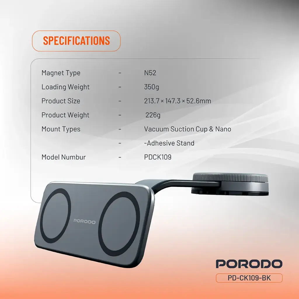 Porodo Vacuum & Adhesive Magnetic Car Mount - Black (6).webp