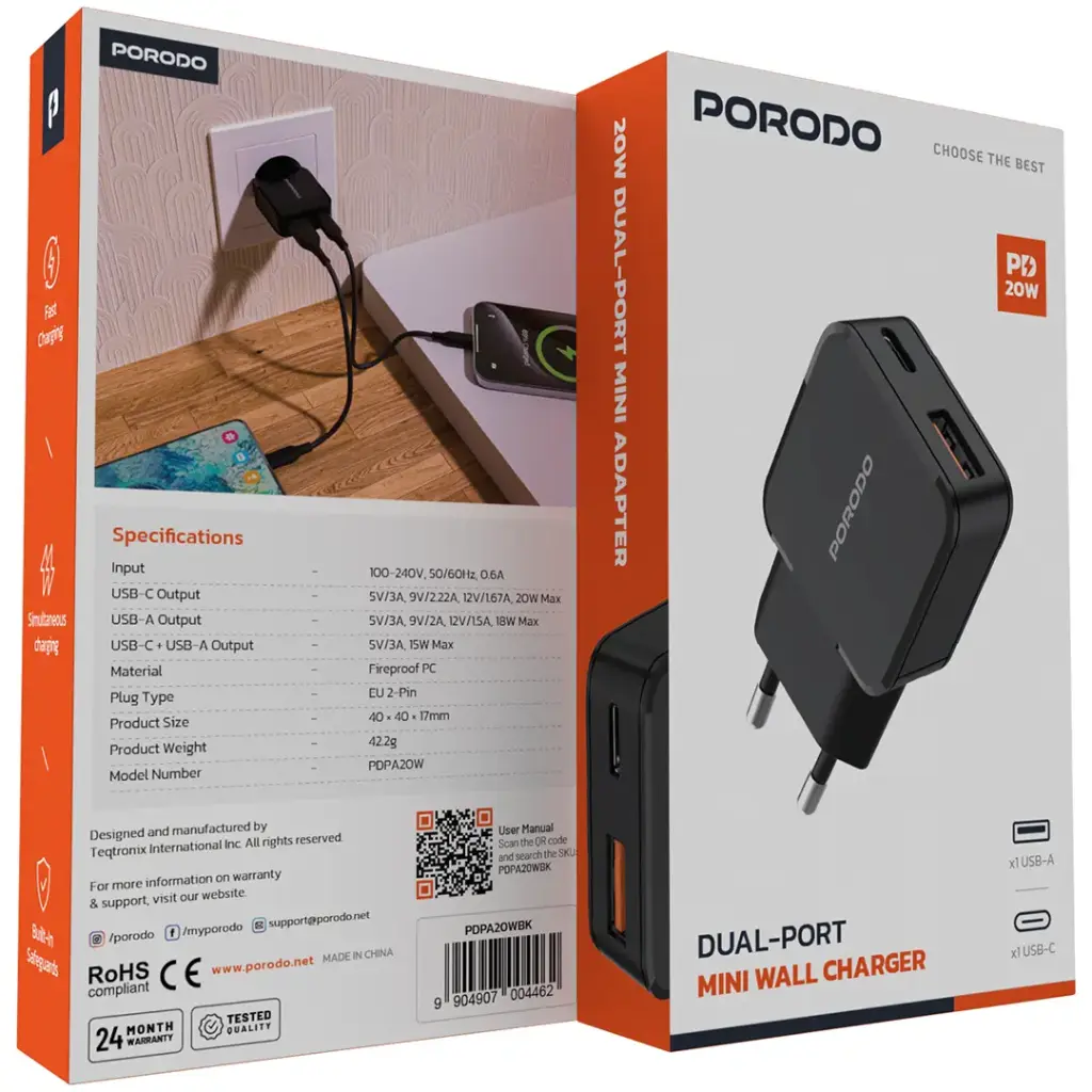 Porodo Dual-Port Mini Wall Charger PD 20W - Black 4.webp