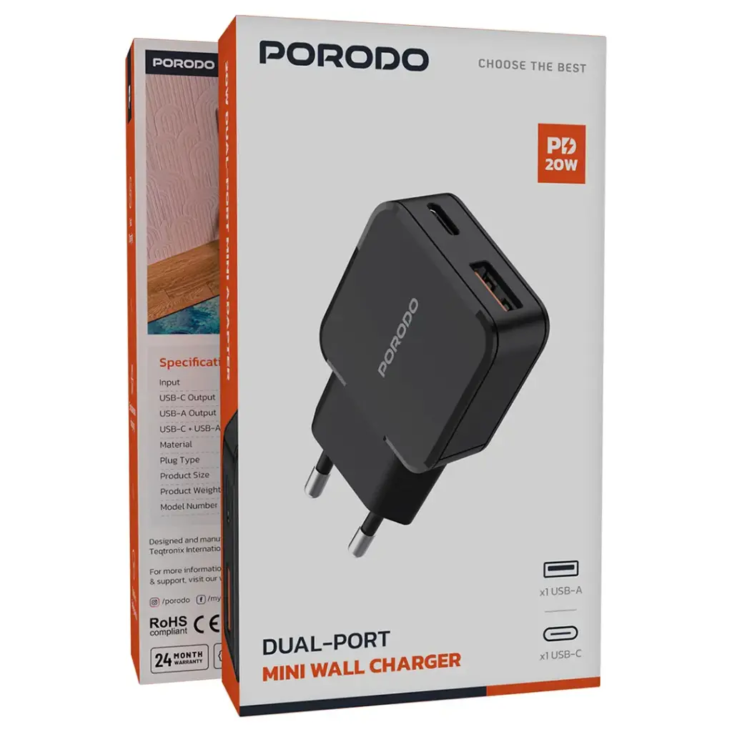 Porodo Dual-Port Mini Wall Charger PD 20W - Black 3.webp
