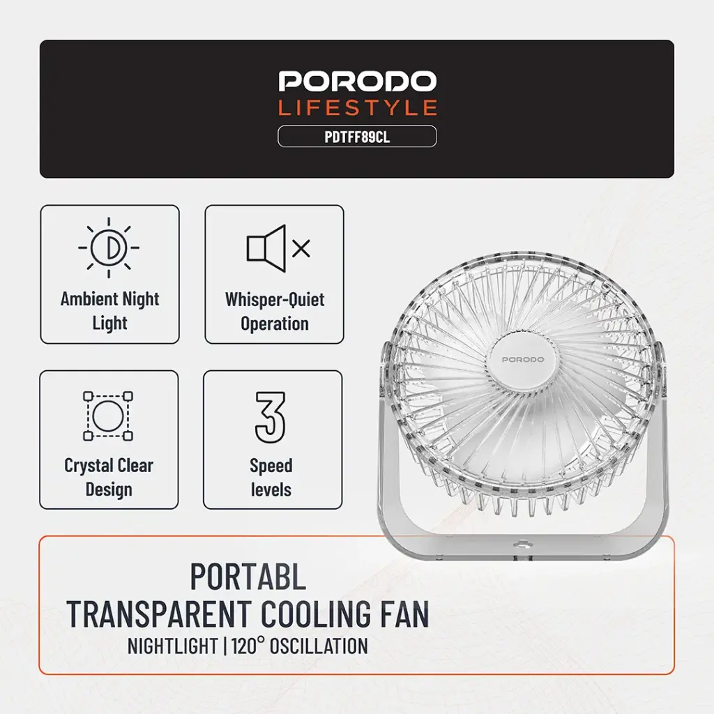 Porodo Lifestyle Portable Transparent Cooling Fan - Clear7.webp