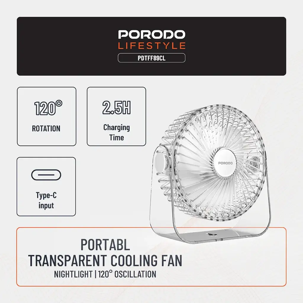 Porodo Lifestyle Portable Transparent Cooling Fan - Clear6.webp