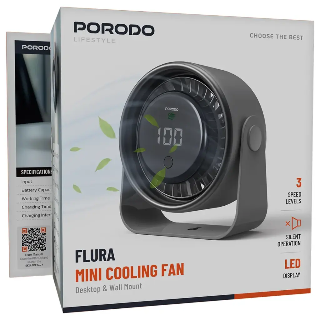 Porodo Lifestyle Flura Mini Cooling Fan With Desktop & Wall Mount - Gray5.webp