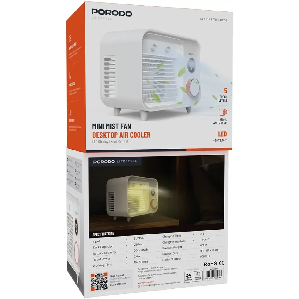 Porodo Lifestyle Mini Mist Fan Desktop Air Cooler - White4.webp