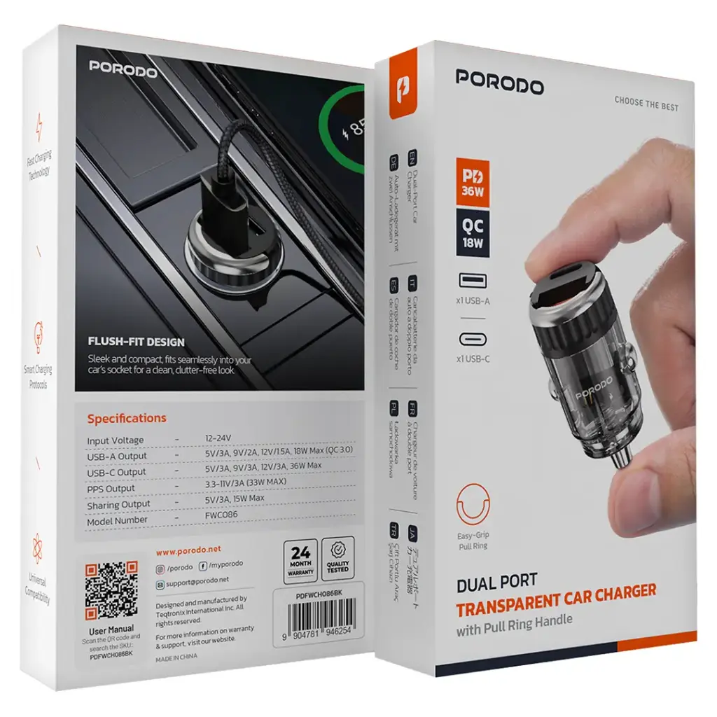 Porodo Dual Port Transparent Car Charger With Pull Ring Handle - Black7.webp