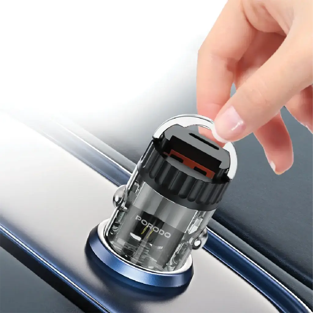 Porodo Dual Port Transparent Car Charger With Pull Ring Handle - Black3.webp