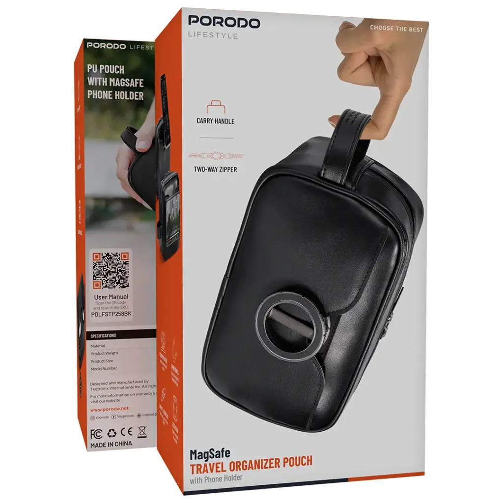 Porodo Lifestyle MagSafe Travel Organizer Pouch With Phone Holder - Black6.webp