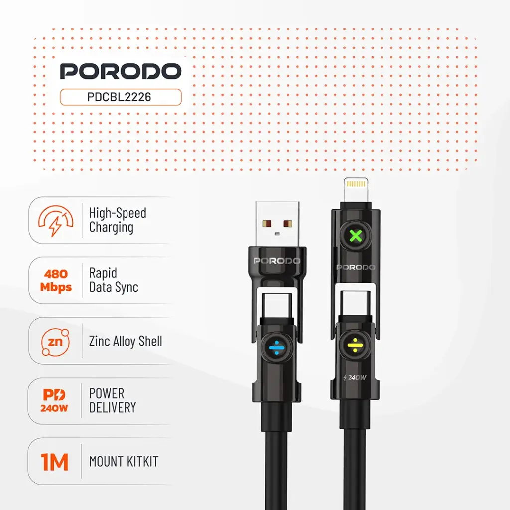 Porodo Powerglow 4-In-1 High-Speed Charging Cable PD 240W - Black1.webp