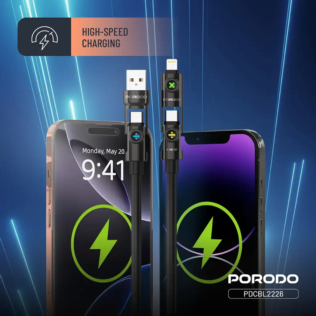Porodo Powerglow 4-In-1 High-Speed Charging Cable PD 240W - Black2.webp