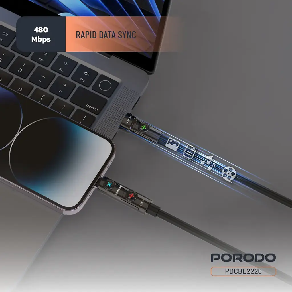 Porodo Powerglow 4-In-1 High-Speed Charging Cable PD 240W - Black3.webp