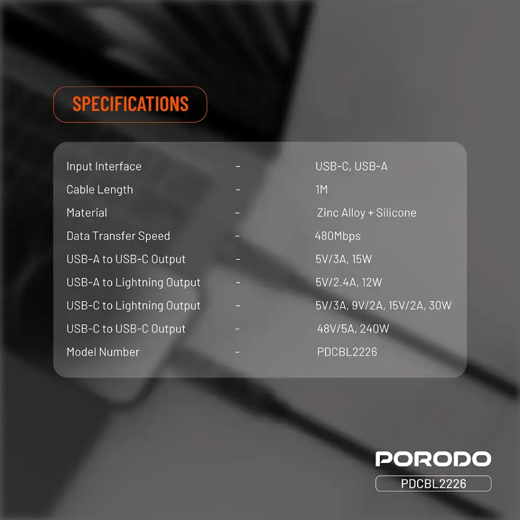 Porodo Powerglow 4-In-1 High-Speed Charging Cable PD 240W - Black7.webp