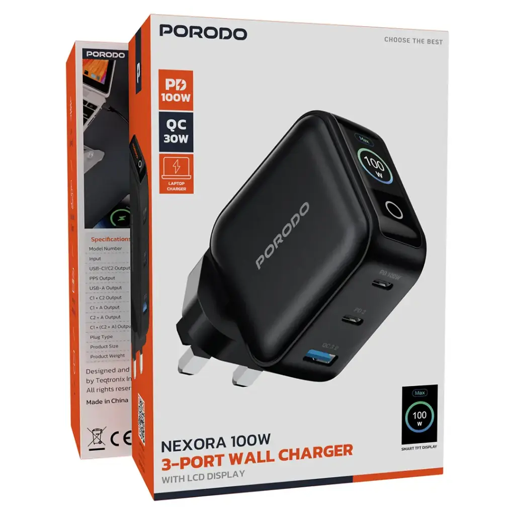 Porodo Nexora 100W 3-Port Wall Charger with LCD Display - Black1.webp