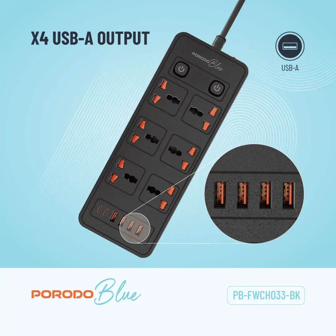 Porodo Blue 6 AC - Dual Switch Power Strip 6.webp