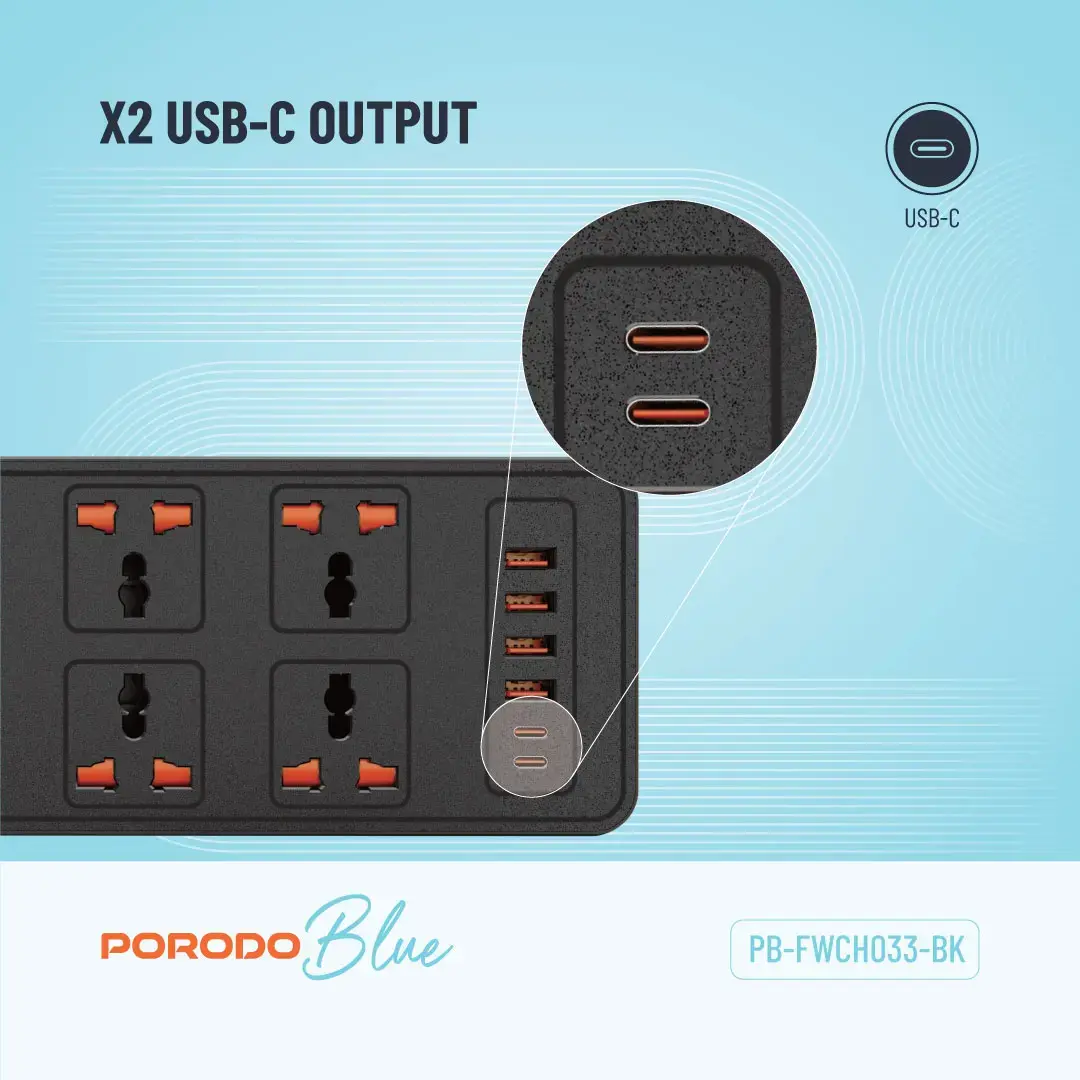 Porodo Blue 6 AC - Dual Switch Power Strip 5.webp