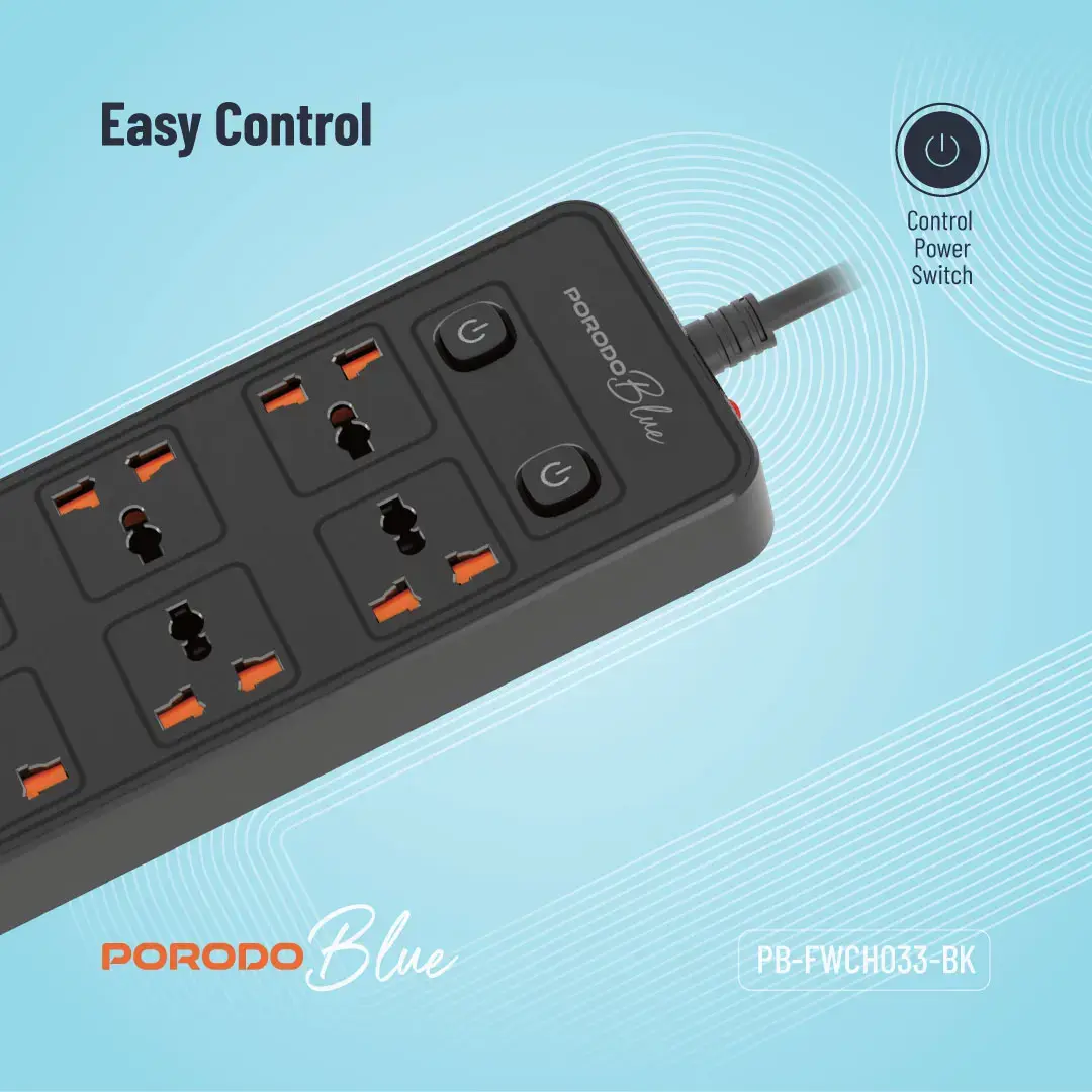 Porodo Blue 6 AC - Dual Switch Power Strip3.webp