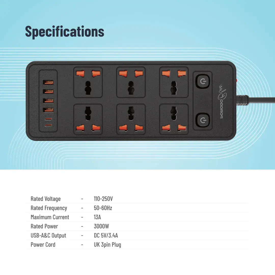 Porodo Blue 6 AC - Dual Switch Power Strip 2.webp