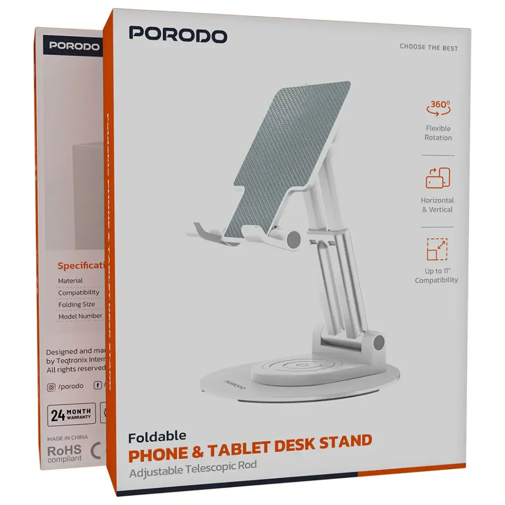 Porodo Foldable Phone & Tablet Desk Stand with Adjustable Telescopic Rod - White4.webp