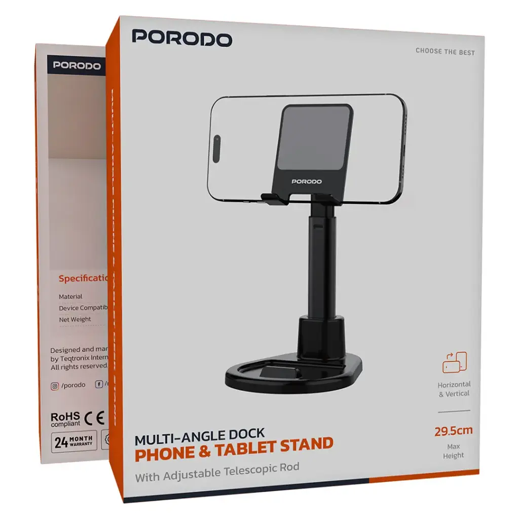 Porodo Multi-Angle Dock Phone & Tablet Stand with Adjustable Telescopic Rod - Black1.webp