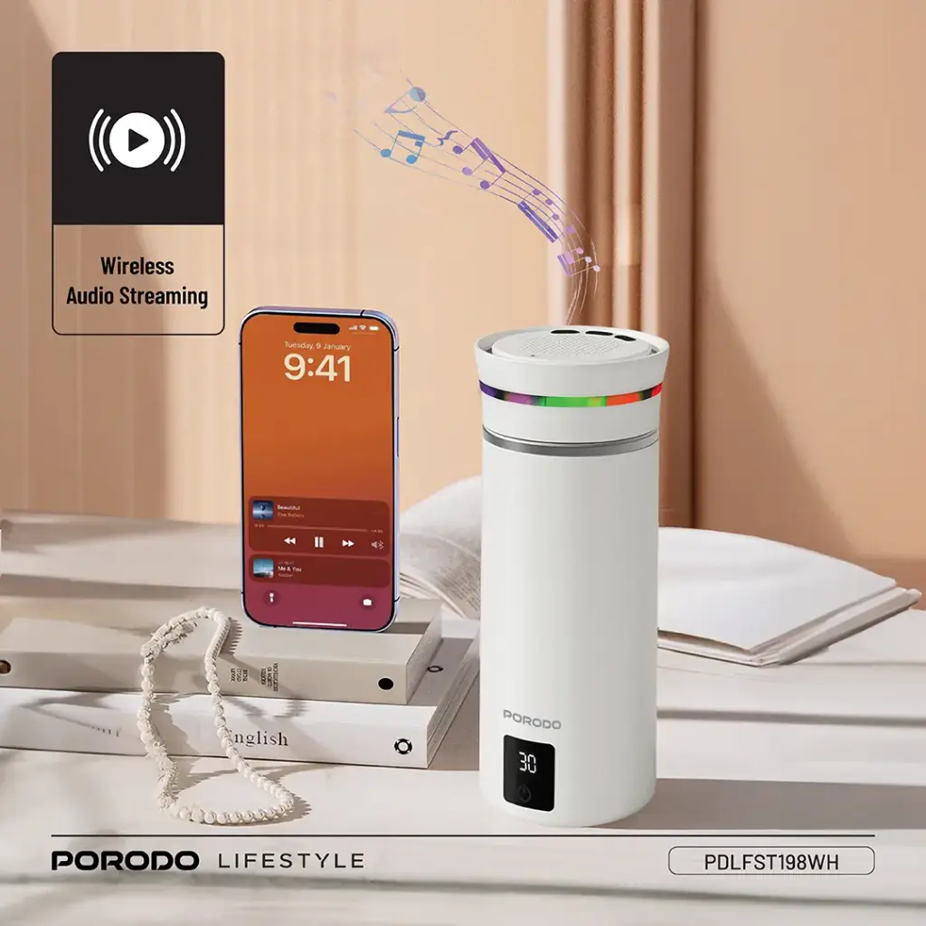 Porodo Lifestyle Fluxmix 350ML Stirring Cup with Speaker - White9.webp