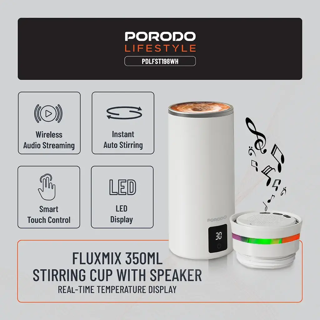Porodo Lifestyle Fluxmix 350ML Stirring Cup with Speaker - White10.webp