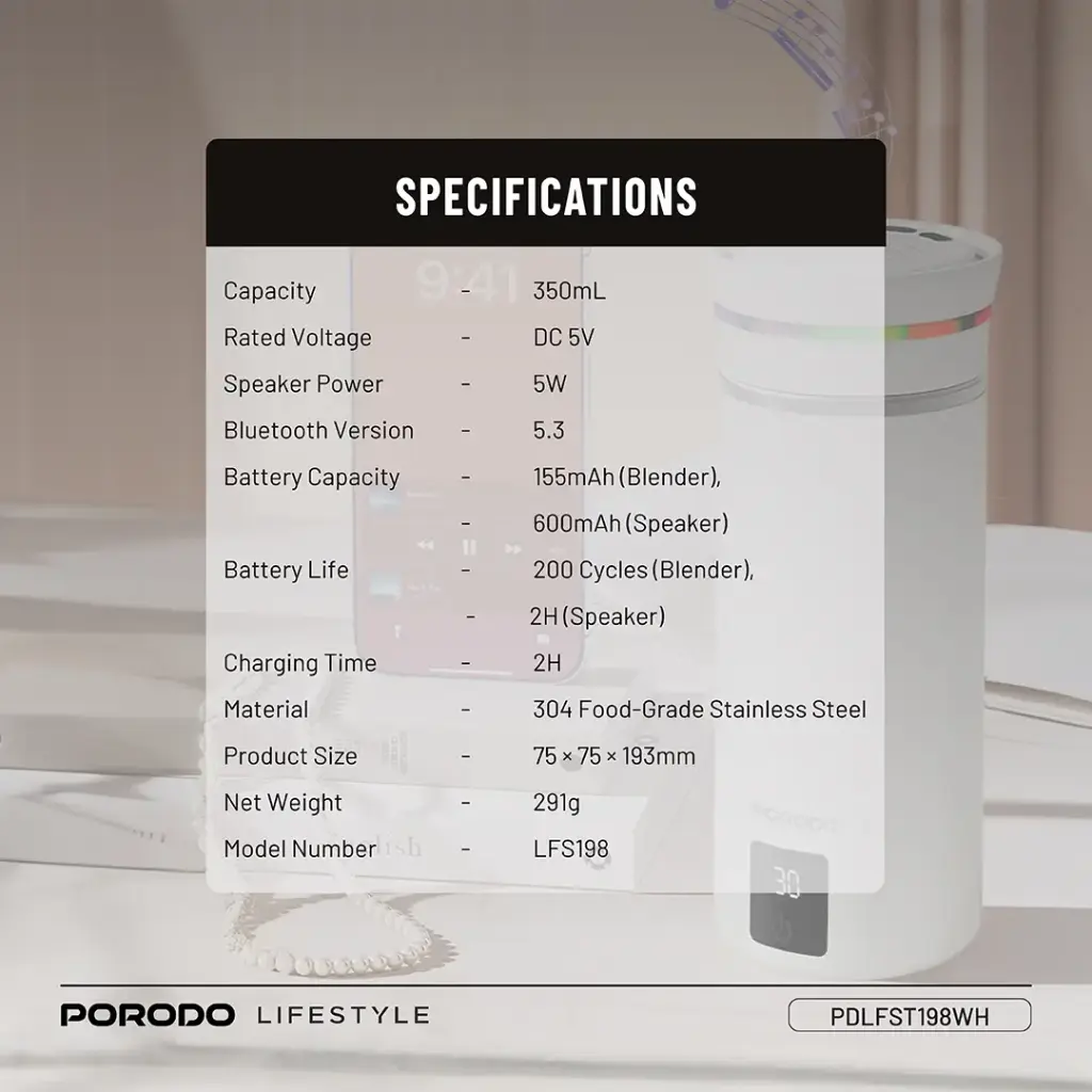 Porodo Lifestyle Fluxmix 350ML Stirring Cup with Speaker - White4.webp