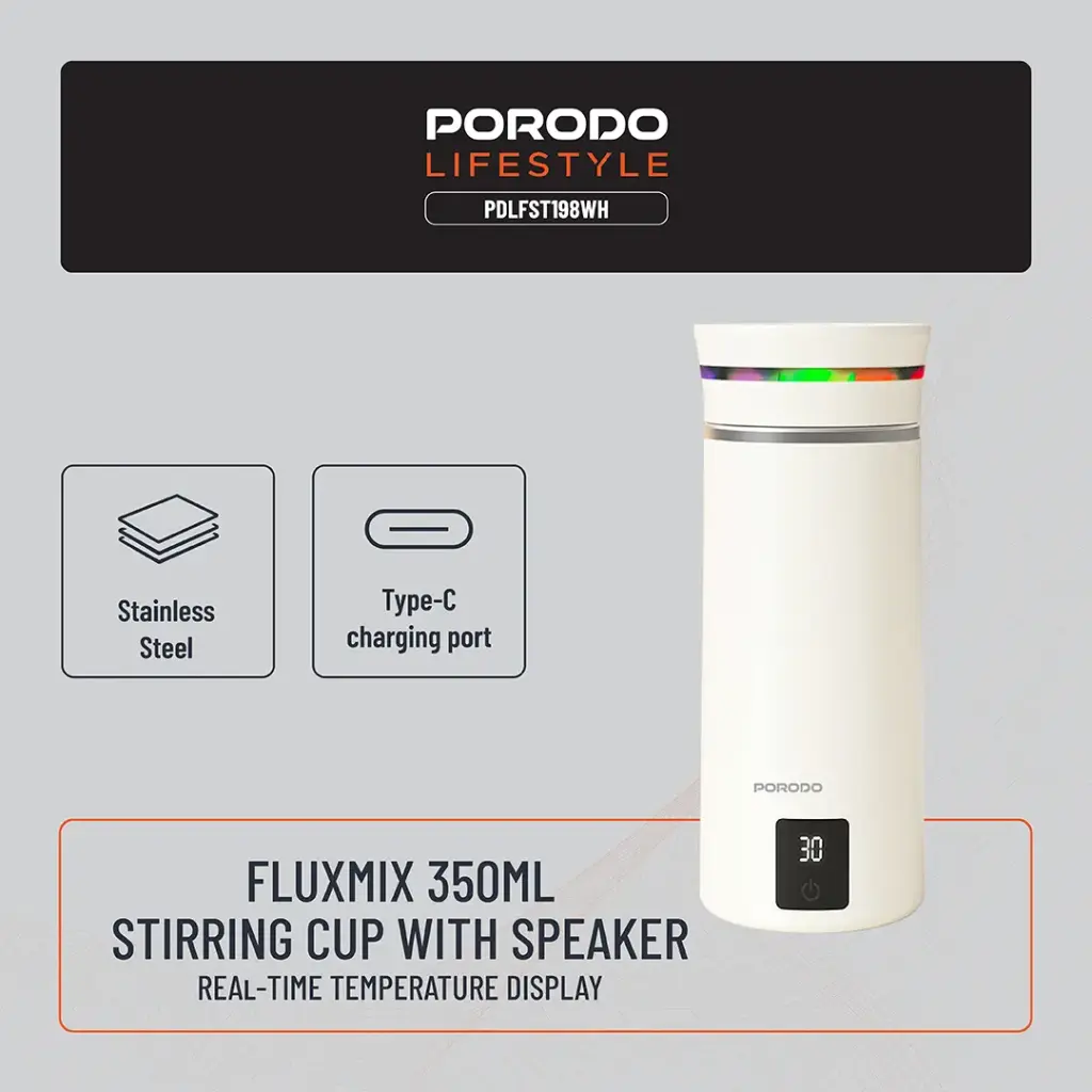 Porodo Lifestyle Fluxmix 350ML Stirring Cup with Speaker - White3.webp