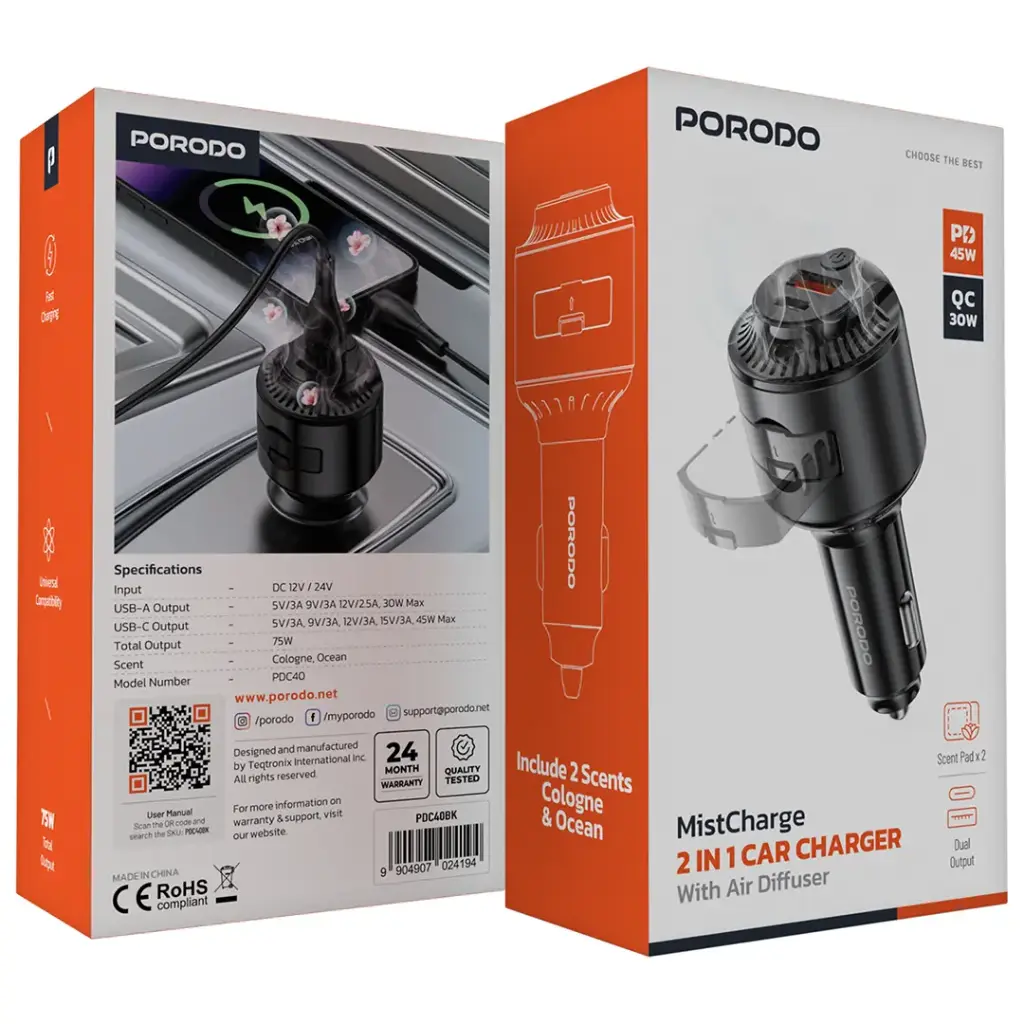 Porodo MistCharge 2 in 1 Car Charger with Air Diffuser1.webp