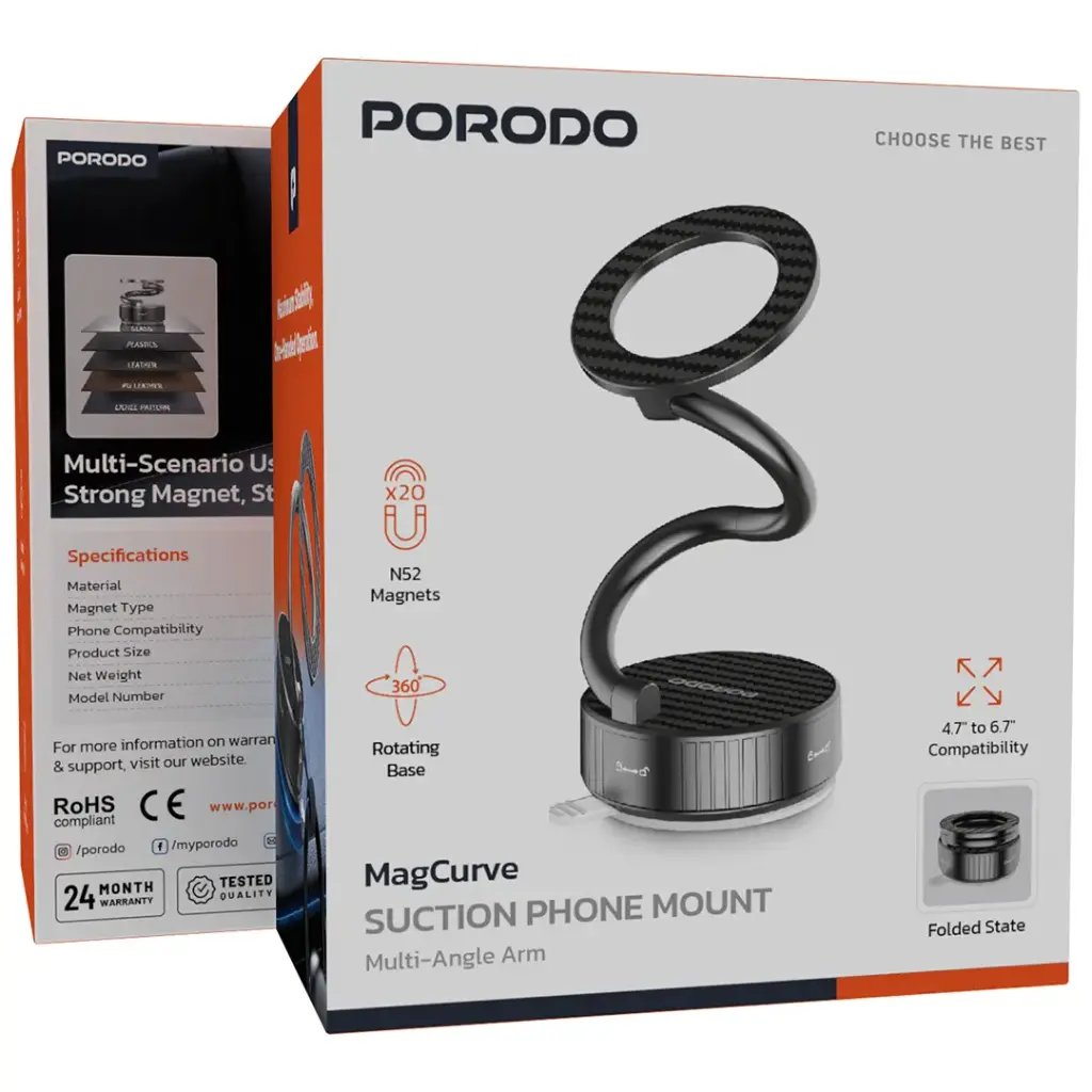 Porodo MagCurve Suction Phone Mount - Black.webp