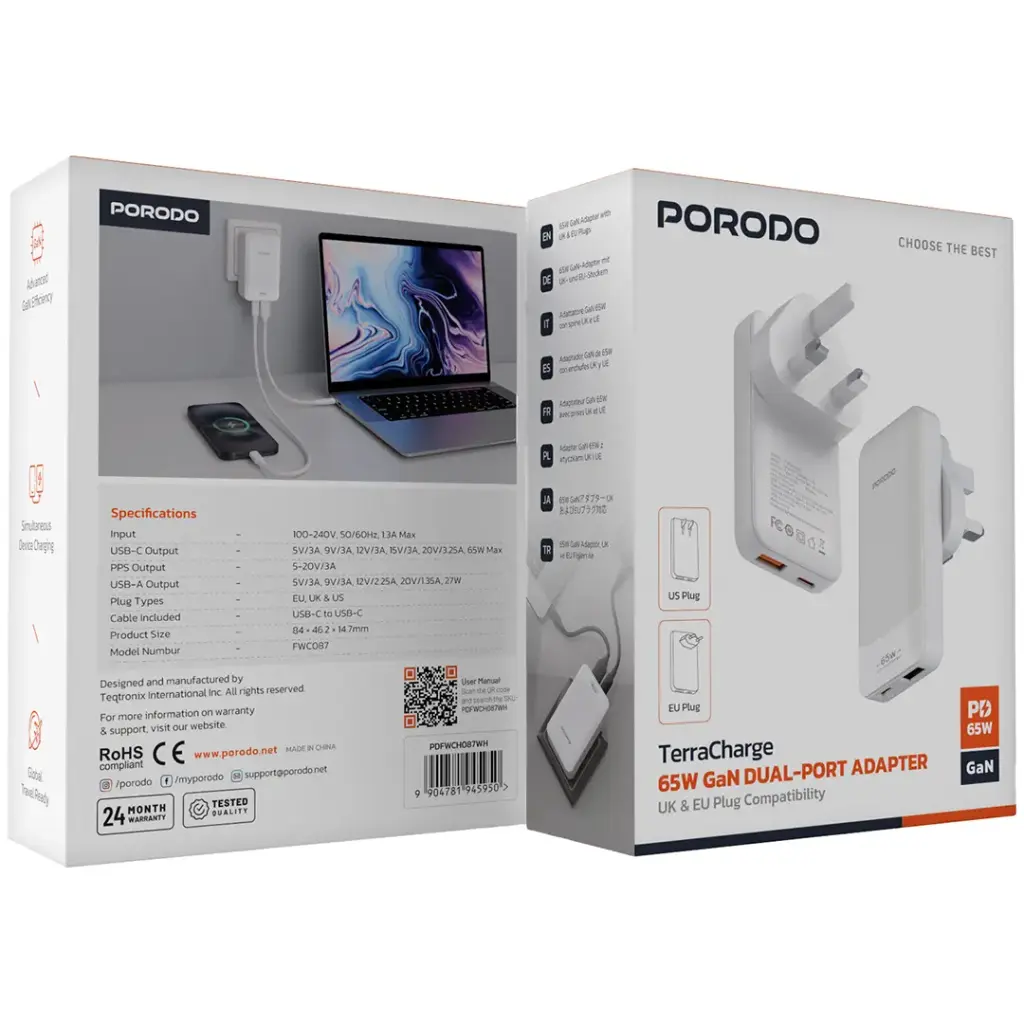 Porodo TerraCharge 65W GaN Dual-Port Adapter - White4.webp