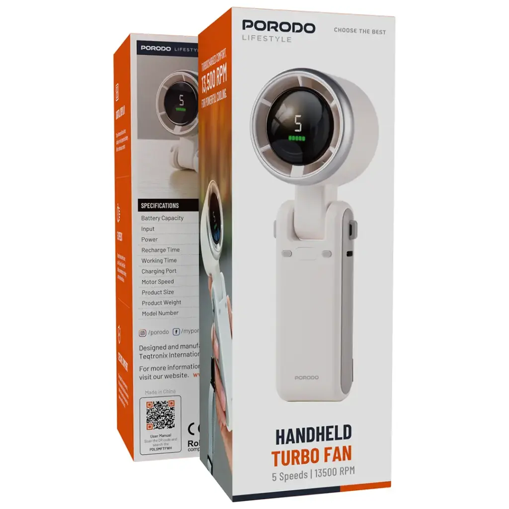 Porodo LifeStyle 3 in 1 Multi-Functional 180° Foldable Handheld Turbo Fan - White.webp