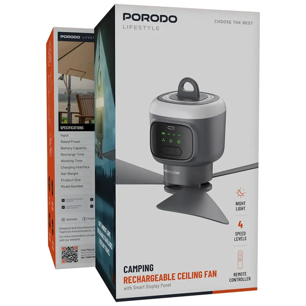 Porodo Lifestyle Camping Rechargeable Ceiling Fan - Gray9.webp