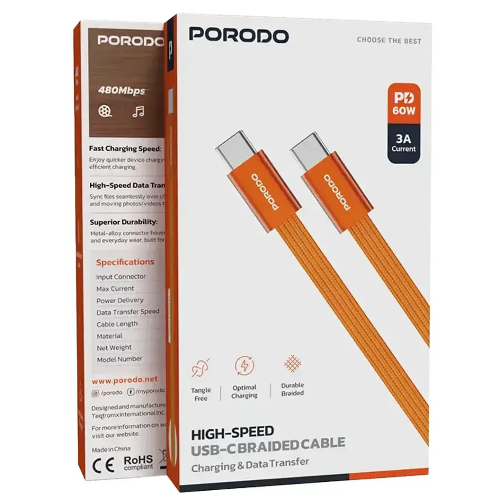 Porodo High-Speed USB-C Braided Cable Charging & Data Transfer - Orange (6).webp