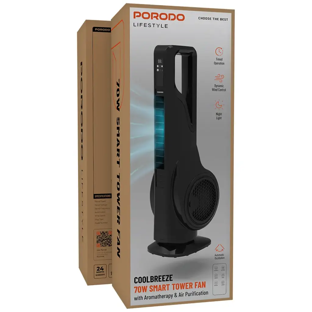 Porodo Lifestyle Coolbreeze 70W Smart Tower Fan with Aromatherapy & Air Purification - Black.webp
