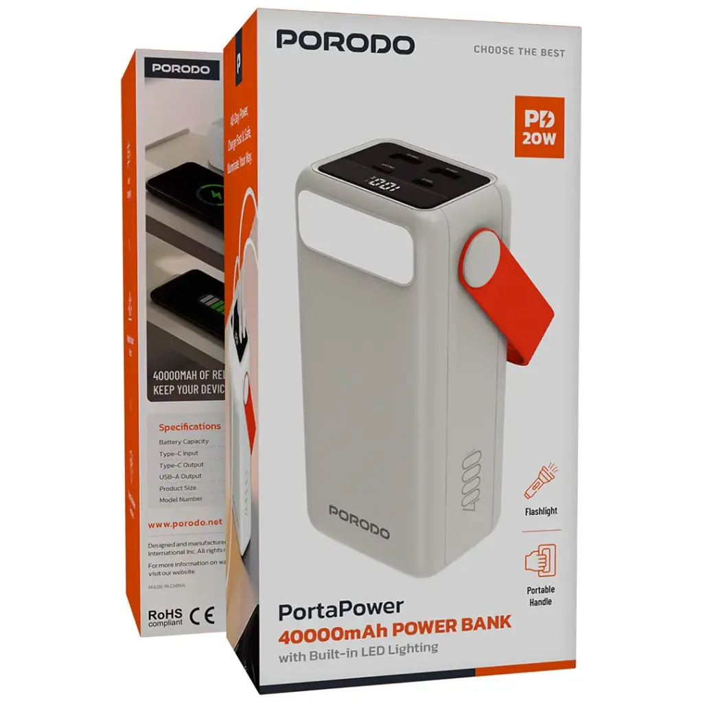 Porodo PortaPower 40000mAh Power Bank with Built-In LED Lighting - White.webp