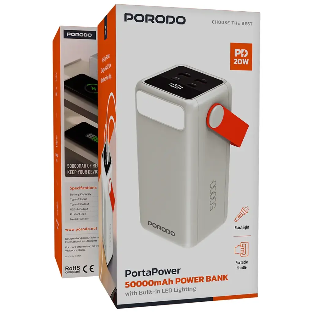 Porodo PortaPower 50000mAh Power Bank with Built-In LED Lighting - White.webp