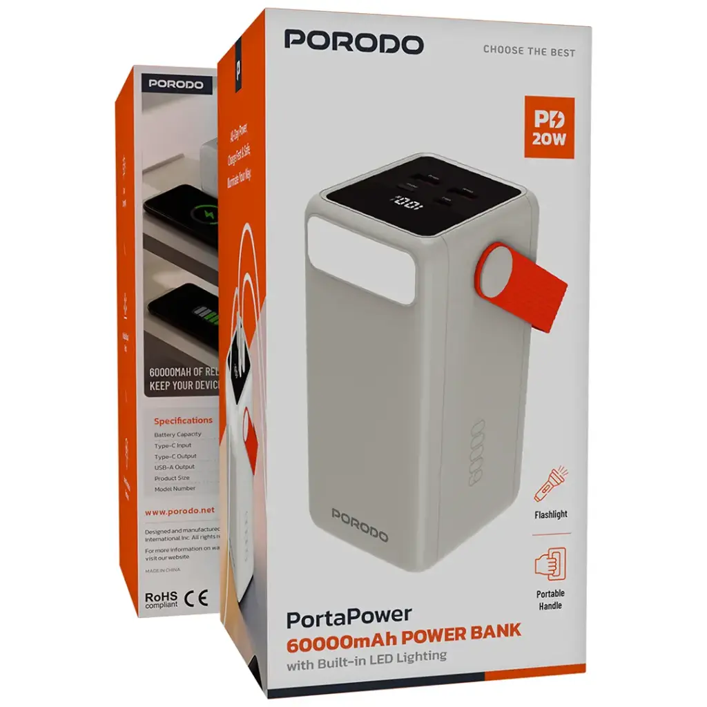 Porodo PortaPower 60000mAh Power Bank with Built-In LED Lighting - White.webp