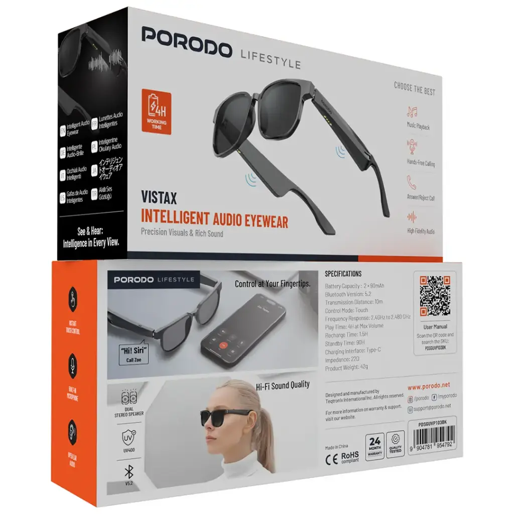 Porodo Lifestyle Vistax Intelligent Audio Eyewear - Black.webp