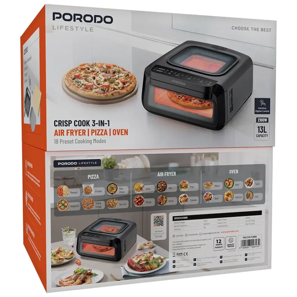 Porodo Lifestyle Crisp Cook 3-In-1 Air Fryer, Pizza, Oven - Black.webp