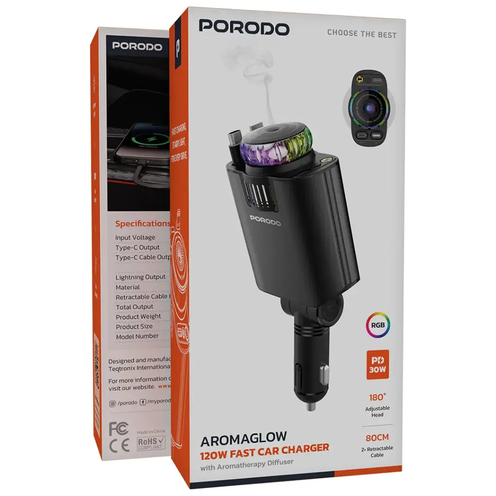 Porodo AROMAGLOW 120W Fast Car Charger - Black3.webp