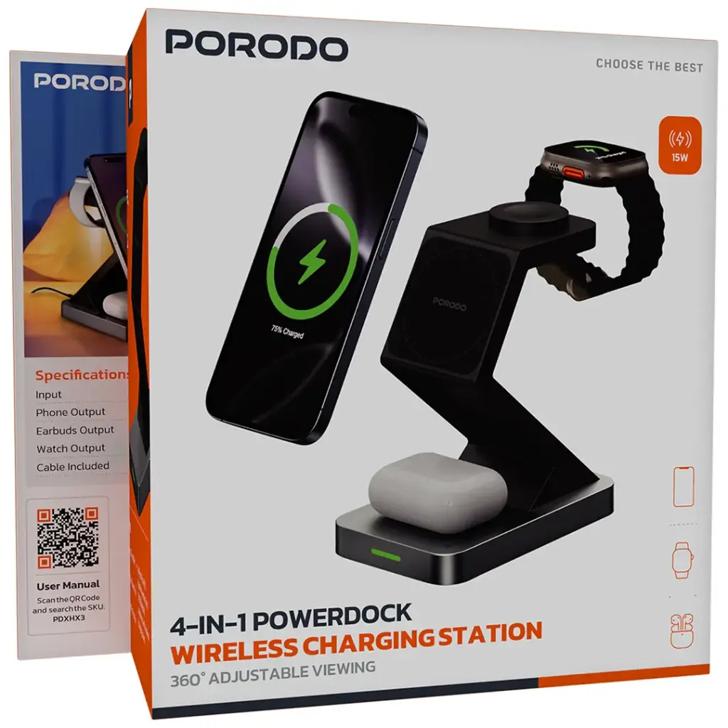 Porodo 4-In-1 Powerdock Wireless Charging Station with 360° Adjustable Viewing - Black4.webp