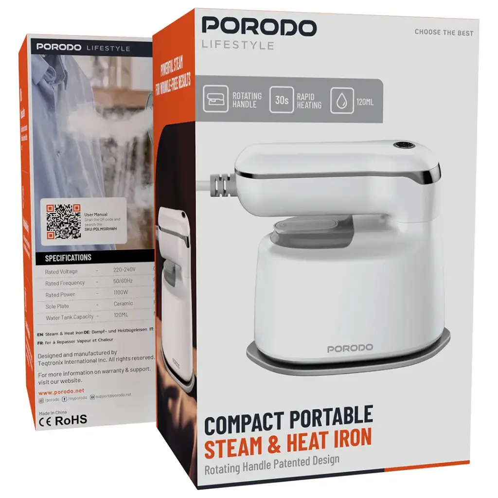 Porodo Lifestyle Mini Steam Iron 1000W UK with Rotatable Handle - White.webp
