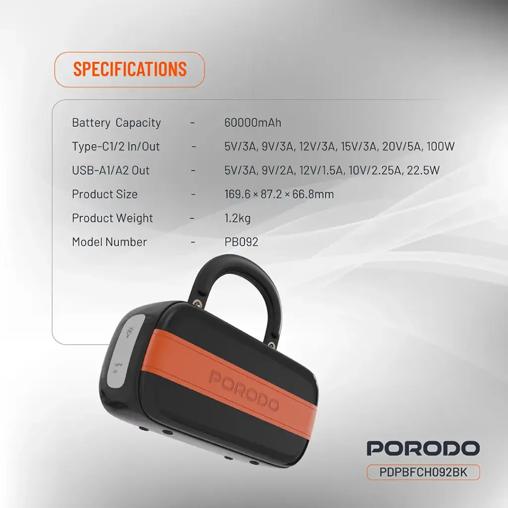 Porodo Sway 60000mAh Power Bank with Built-In LED Lighting - Black 5.webp