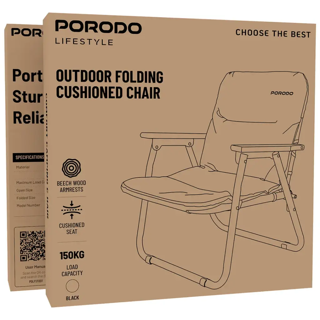 Porodo Lifestyle Outdoor Folding Cushioned Chair - Black .webp