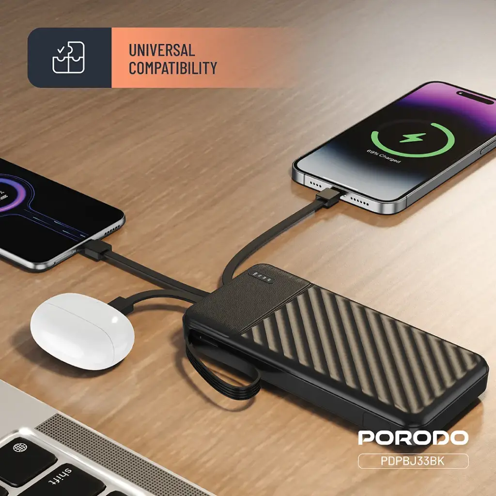 Porodo Piano 10000mAh Power Bank with Integrated Cables - Black3.webp