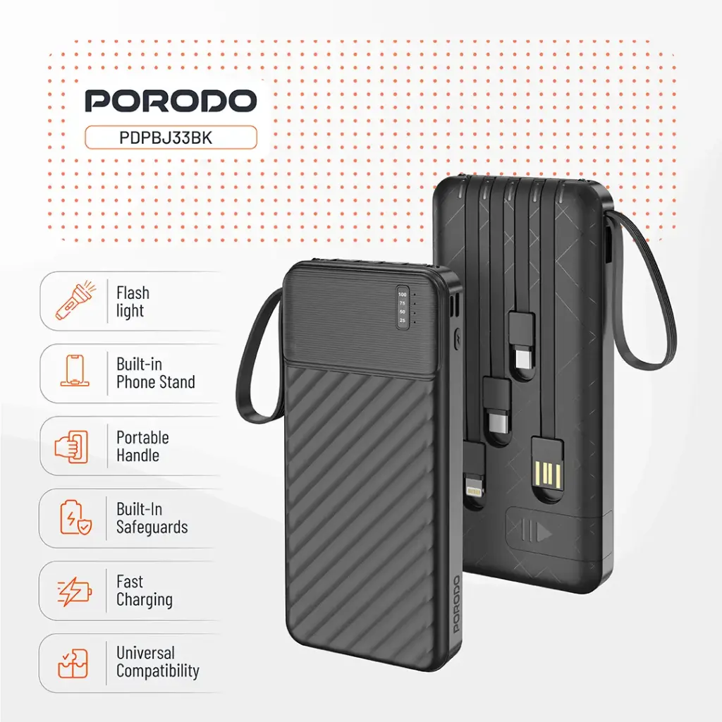 Porodo Piano 10000mAh Power Bank with Integrated Cables - Black8.webp