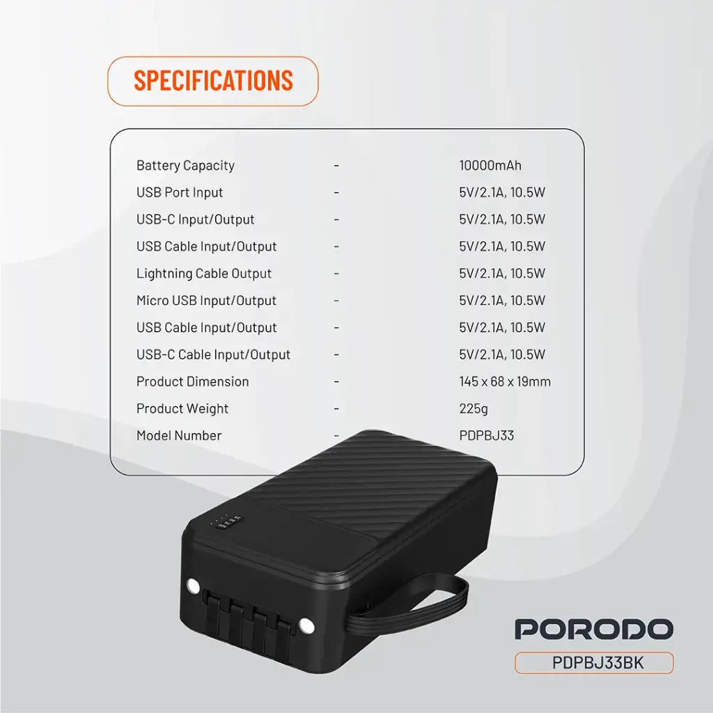 Porodo Piano 10000mAh Power Bank with Integrated Cables - Black2.webp