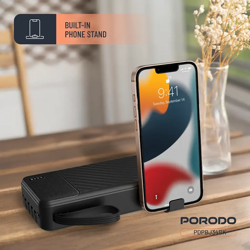 Porodo Piano 20000mAh Power Bank with Integrated Cables - Black2.webp