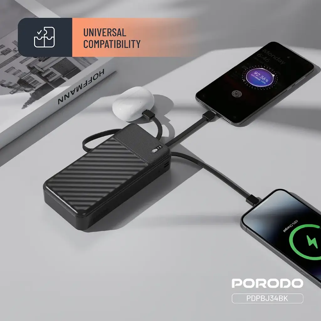 Porodo Piano 20000mAh Power Bank with Integrated Cables - Black8.webp