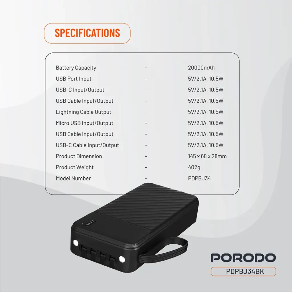Porodo Piano 20000mAh Power Bank with Integrated Cables - Black9.webp
